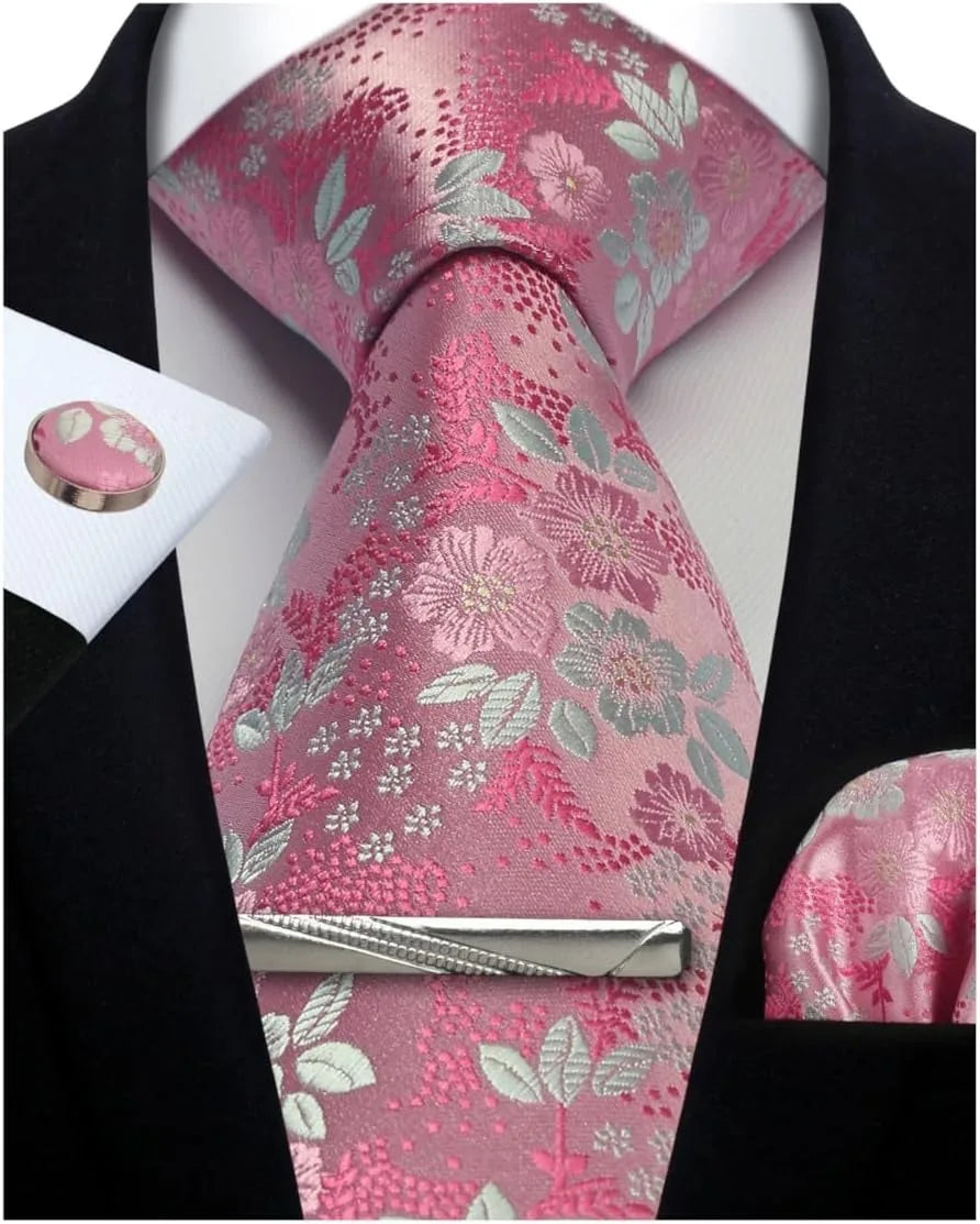 Mens Tie Set Silk Silver Paisley Floral Necktie and Pocket Square Cufflinks Tie Clip Classic Formal Ties for Men Wedding Party