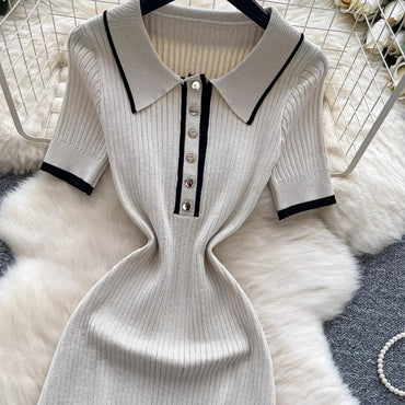 Women's Blue Contrast Trim Polo Neck Sundress Short Sleeve Button Stretchy Ribbed Knit Bodycon Mini Dress Casual Party Dress