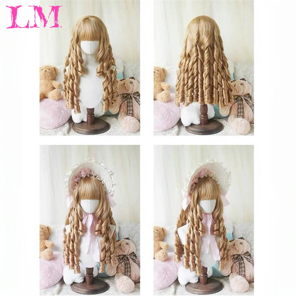 LM Synthetic Black Wig with Long Ponytail Short Straight Wig Lolita Cosplay Party Harajuku Blonde Wig With Bangs for Women