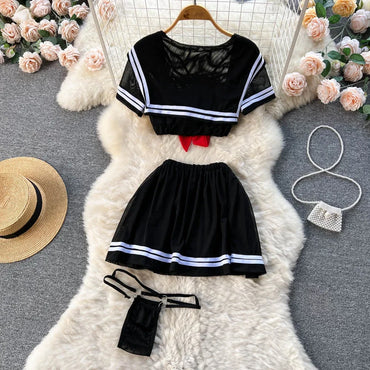 New Sailor Japanese Style Sweet Erotict Suits Female Short Sleeve Bow TieTops+Pleated Mini Skirt Lingerie Women Sheer Sexy Sets
