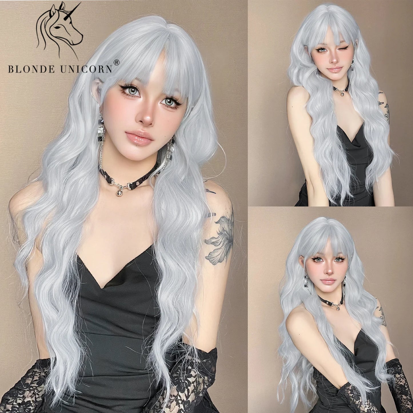 Blonde Unicorn Synthetic Long Wavy Wig Ombre Purple to Blue for Woman Cosplay Halloween Wigs Heat Resistant Fiber Bangs Hair