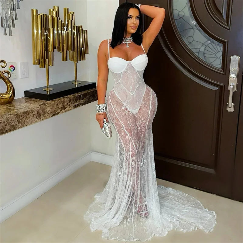 Sexy See Through Lace Mermaid Evening Dresses Women Wedding Nightclub Spaghetti Strap Strapless Club Party Long Dress Elegant