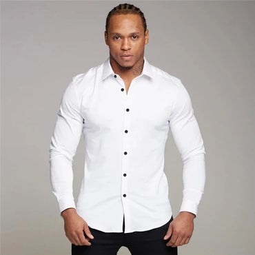New Autumn Fashion Mens Solid Color Turn-down Collar Button Super Slim Fit Shirts Spring Long Sleeve Business Dress Shirt