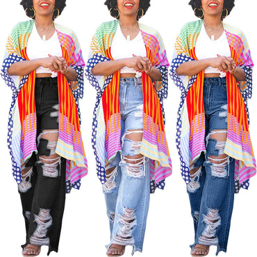 Hole Jeans for Women Ripped Straight Pants Mid Waist Distressed Washed Pockets Vintage Denims 2025 Streetwear Female Trousers