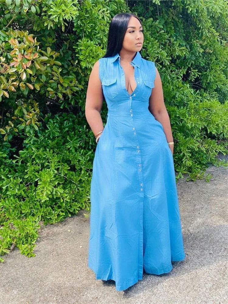 Easter Dresses Deep Blue Casual Solid Patchwork Pocket Turndown Collar A Line Plus Size Dresses(Deep Blue/5XL)