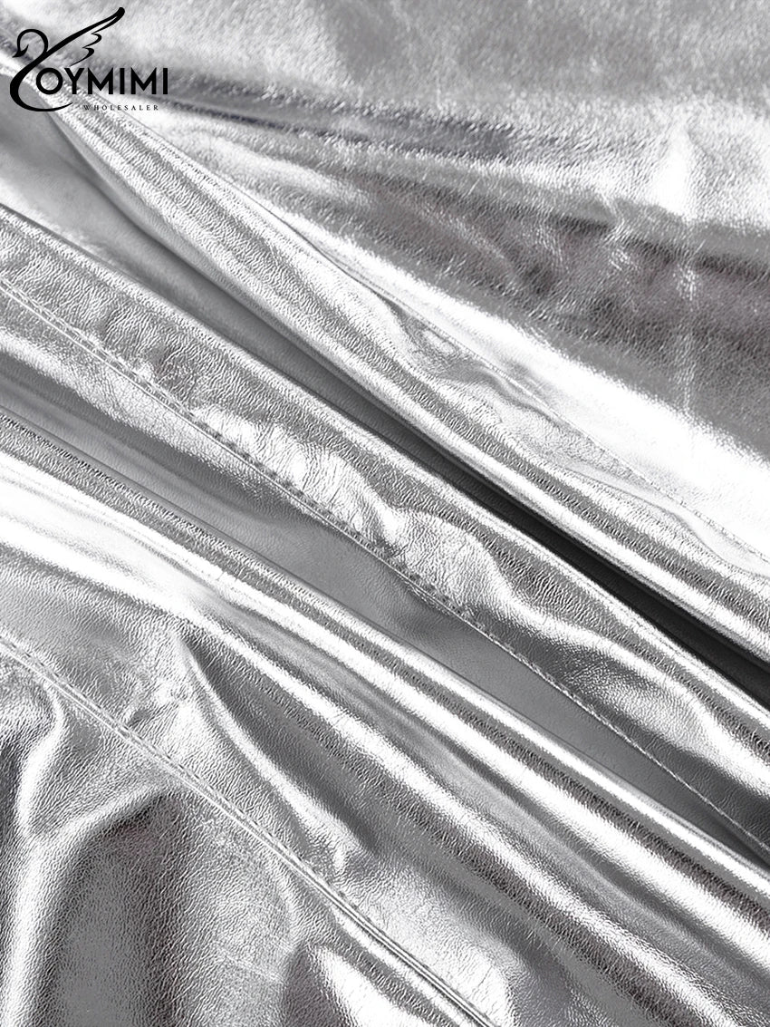 Oymimi Sexy Slim Sliver Pu Leather Dress Ladies Bodycon O-Neck Sleeveless Dress Elegant Classicc Party Dresses For Women 2023