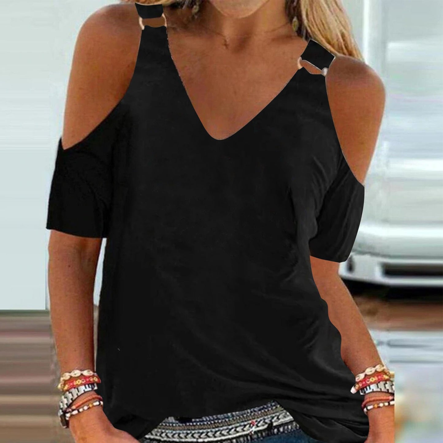 Fashion Print Off Shoulder Ladies Tops Summer Sexy V Neck Short Sleeve Casual Blouse 2022 Hot Women Outfits Party Dress Shirts
