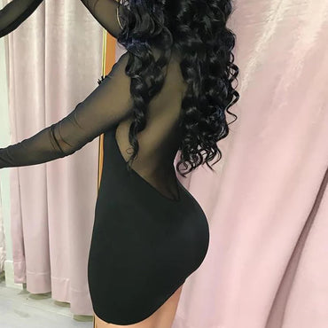 See Through Transparent Hollow Out Dress Women Mock Neck Sexy Bodycon Club Partywear Slim Stretchy Solid Color Mini Dresses