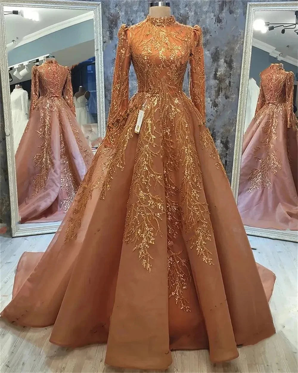 Muslim Arabic Evening Dress 2025 Luxury Appliques 3D High Neck Full Sl –  Mega Mart Center