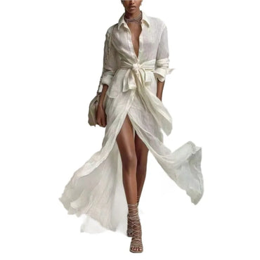 Bohemian Elegant Lace-up High Waist Long Dress Woman New Turn-down Collar Hollow Party Dress Spring Long Sleeve Maxi Dress