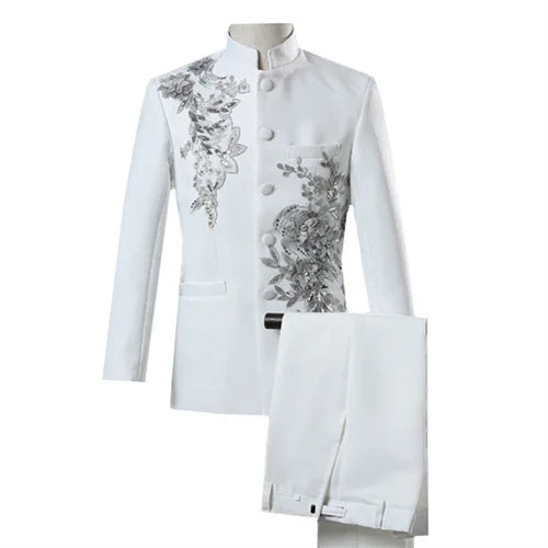 New Men Luxury Decal Suits Black / Red / Blue / White Fashion Singer Host Stage Performance Splicing Flower Blazers and Pants