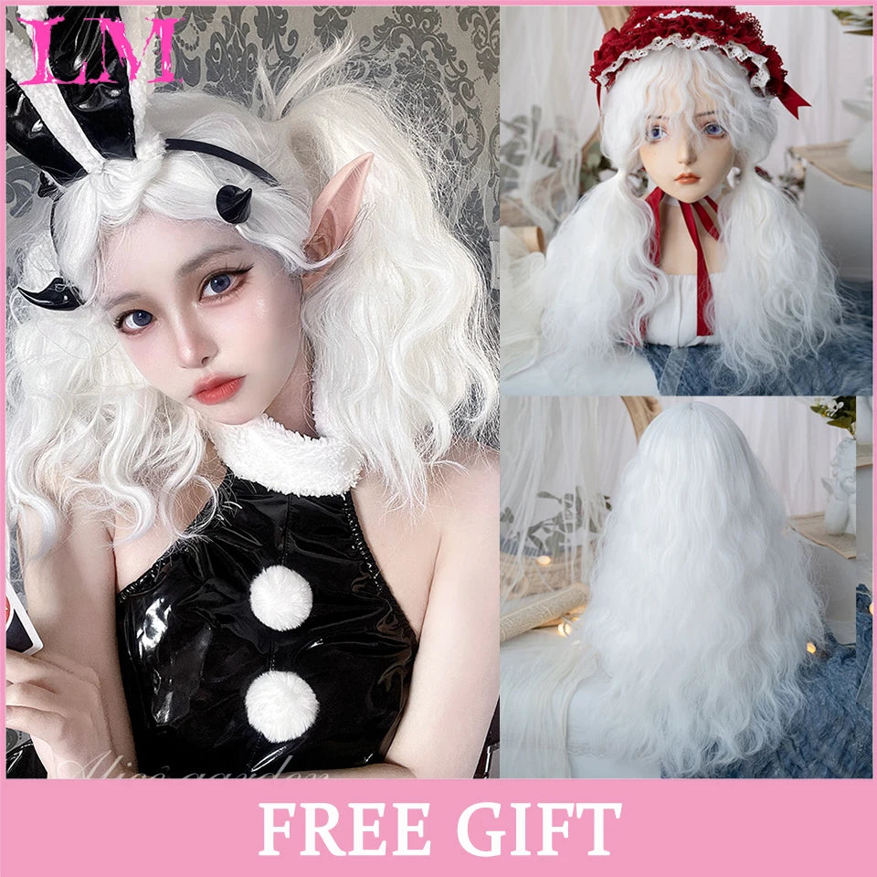 LM Synthetic Black Wig with Long Ponytail Short Straight Wig Lolita Cosplay Party Harajuku Blonde Wig With Bangs for Women