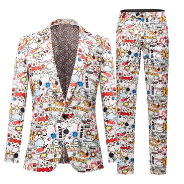 Men's Suit Autumn American Graffiti Print Suit Collar Slim Fit Casual Pencil Pants Streetwear Men Clothing Set 2 Piece