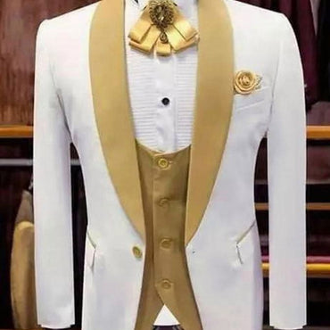 White and Gold Wedding Evening Dress Groomsman Shawl Lapel Men Suit 3PCS Costume Homme Jacket Vest and Gold Pants