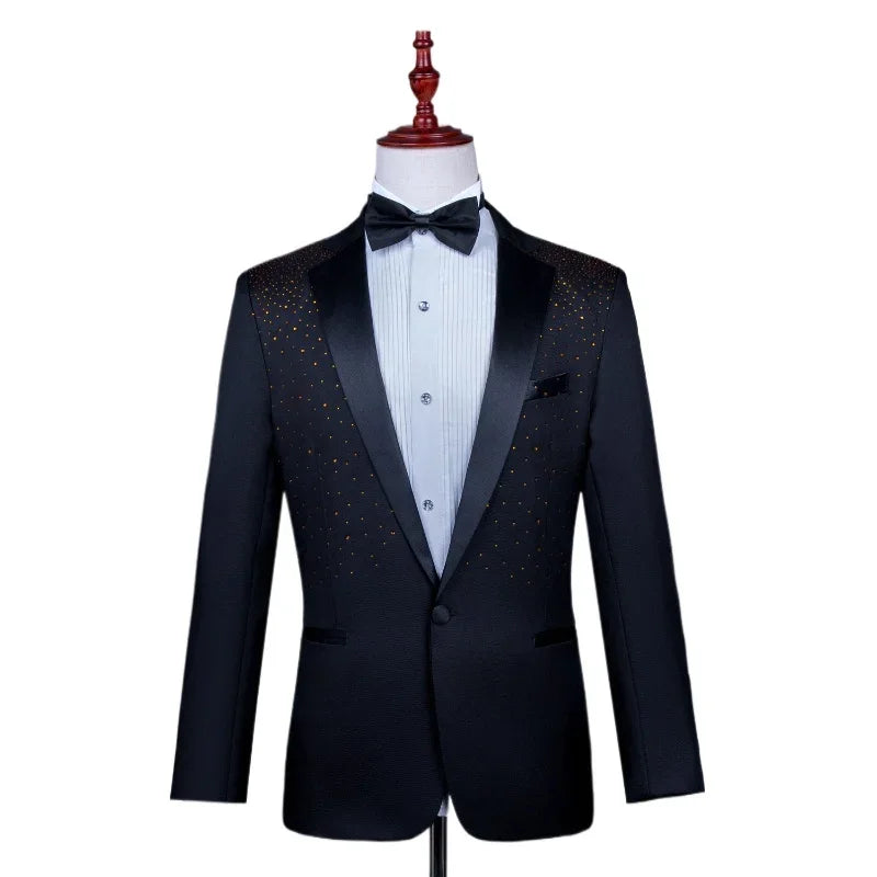 2025 New Black and White Hot Diamond Suits for Men 2-piece,Male Group Chorus/Singer Host/Anchor Dress Performance MC Blazer+Pant