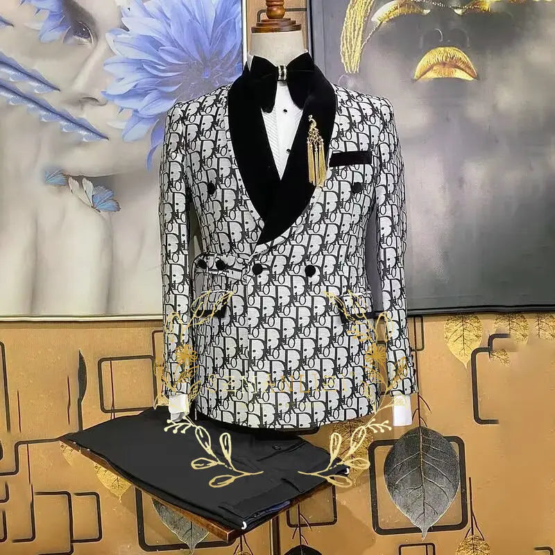 Fashionable Plaid Men's Suit 2 Piece Formal Party Suit for Male Wedding Groom Tuxedo Double Breasted Jacket Pants
