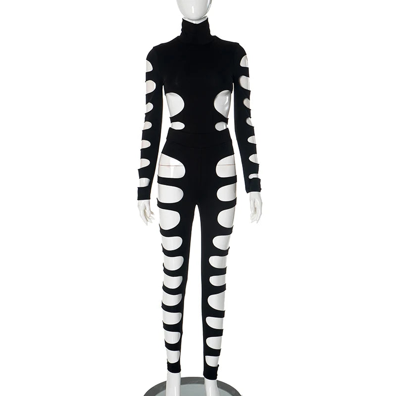 CUTENOVA 2024 New Hollow Out  Asymmetric Hot Girl Personality Set High Neck Sexy Long-Sleeved Jumpsuit Top + Hollow Out Pants