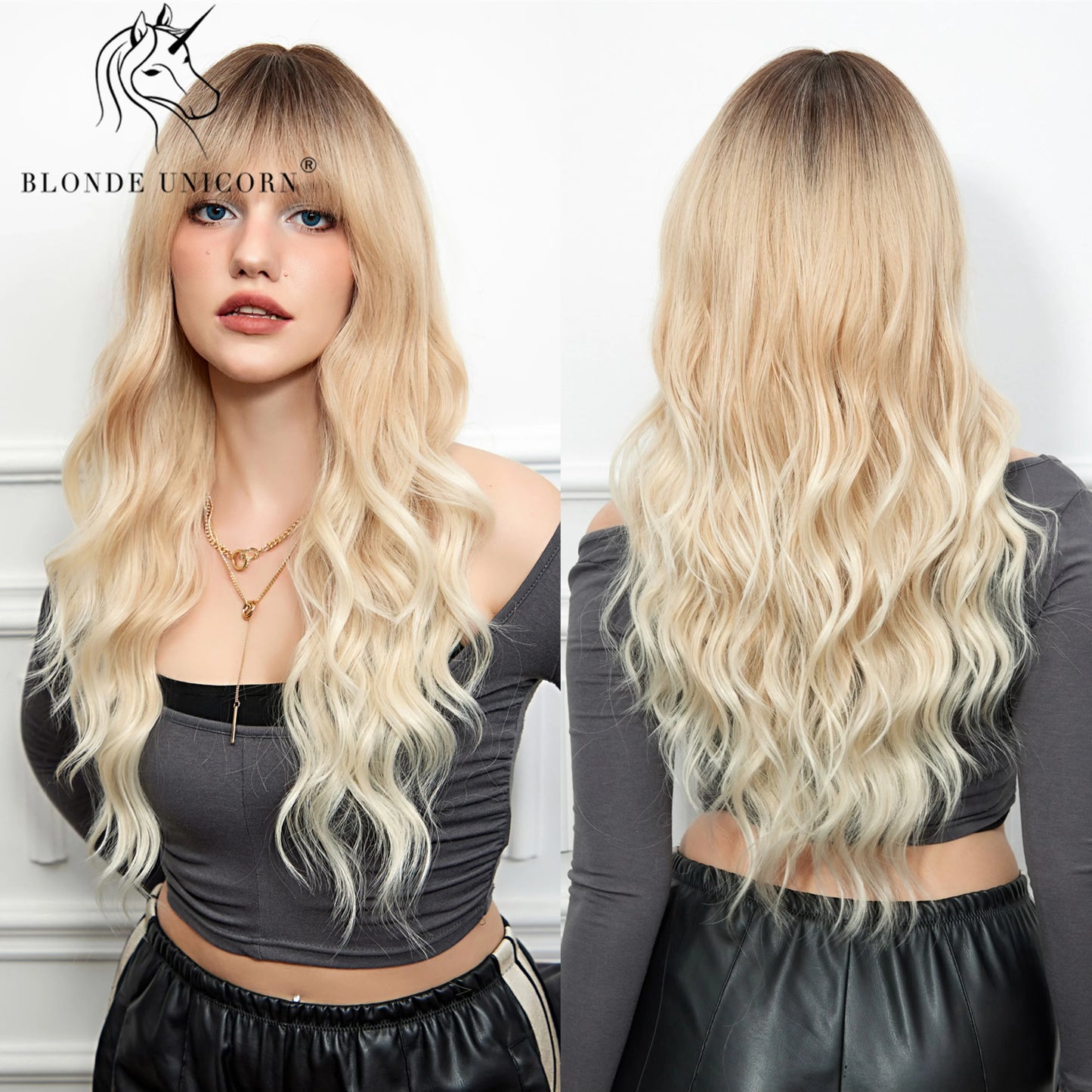 Blonde Unicorn Synthetic Long Wavy Wig Ombre Purple to Blue for Woman Cosplay Halloween Wigs Heat Resistant Fiber Bangs Hair