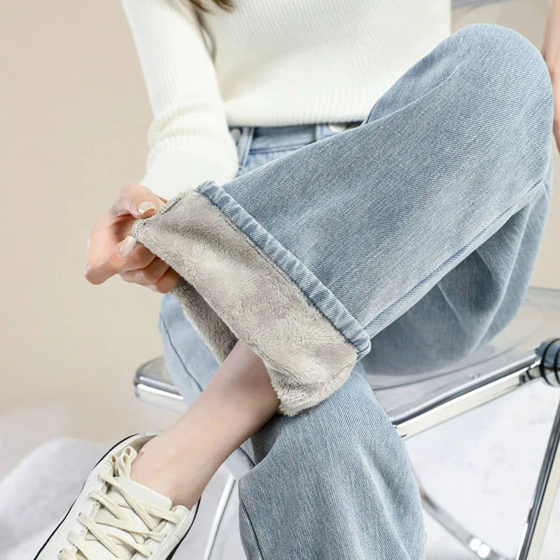 Plus Velvet Denim Pants for Women Autumn Winter New Thickened Baggy Straight Jeans Ladies Casual Versatile Wide Leg Trousers