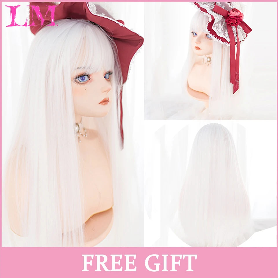 LM Synthetic Black Wig with Long Ponytail Short Straight Wig Lolita Cosplay Party Harajuku Blonde Wig With Bangs for Women
