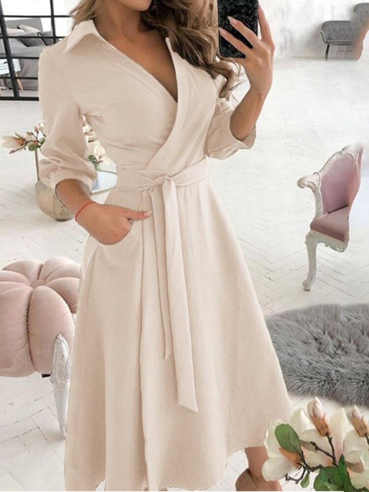 Dresses for Women 2023 Sexy Robe Mid Length Fashion Print Polo Neck Small Style Lace Up Waist Dress Long Summer Dresses Ladies