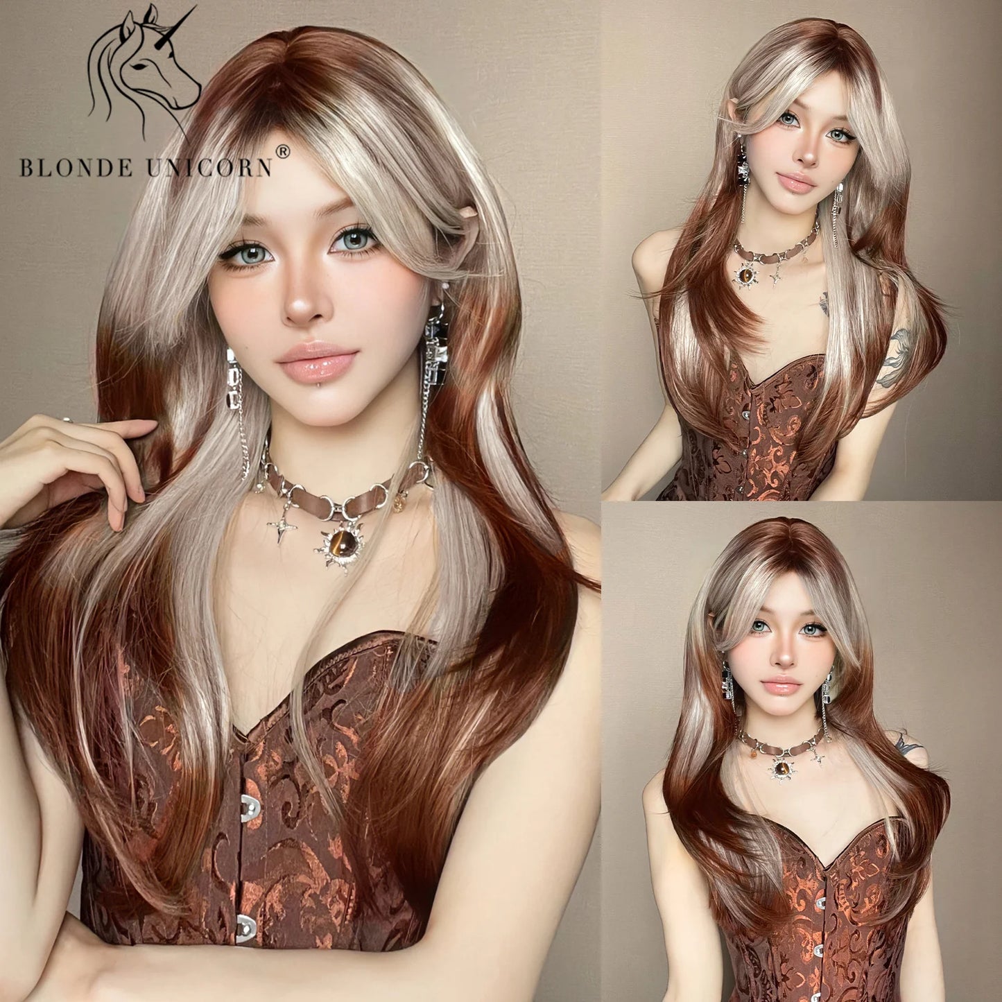 Blonde Unicorn Synthetic Long Wavy Wig Ombre Purple to Blue for Woman Cosplay Halloween Wigs Heat Resistant Fiber Bangs Hair