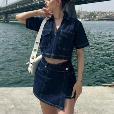 MUJER Blue Denim Shirt Woman Short Sleeve Cropped Shirt Women Summer Short Tops Woman Streetwear Y2k Stylish Women's Blouses