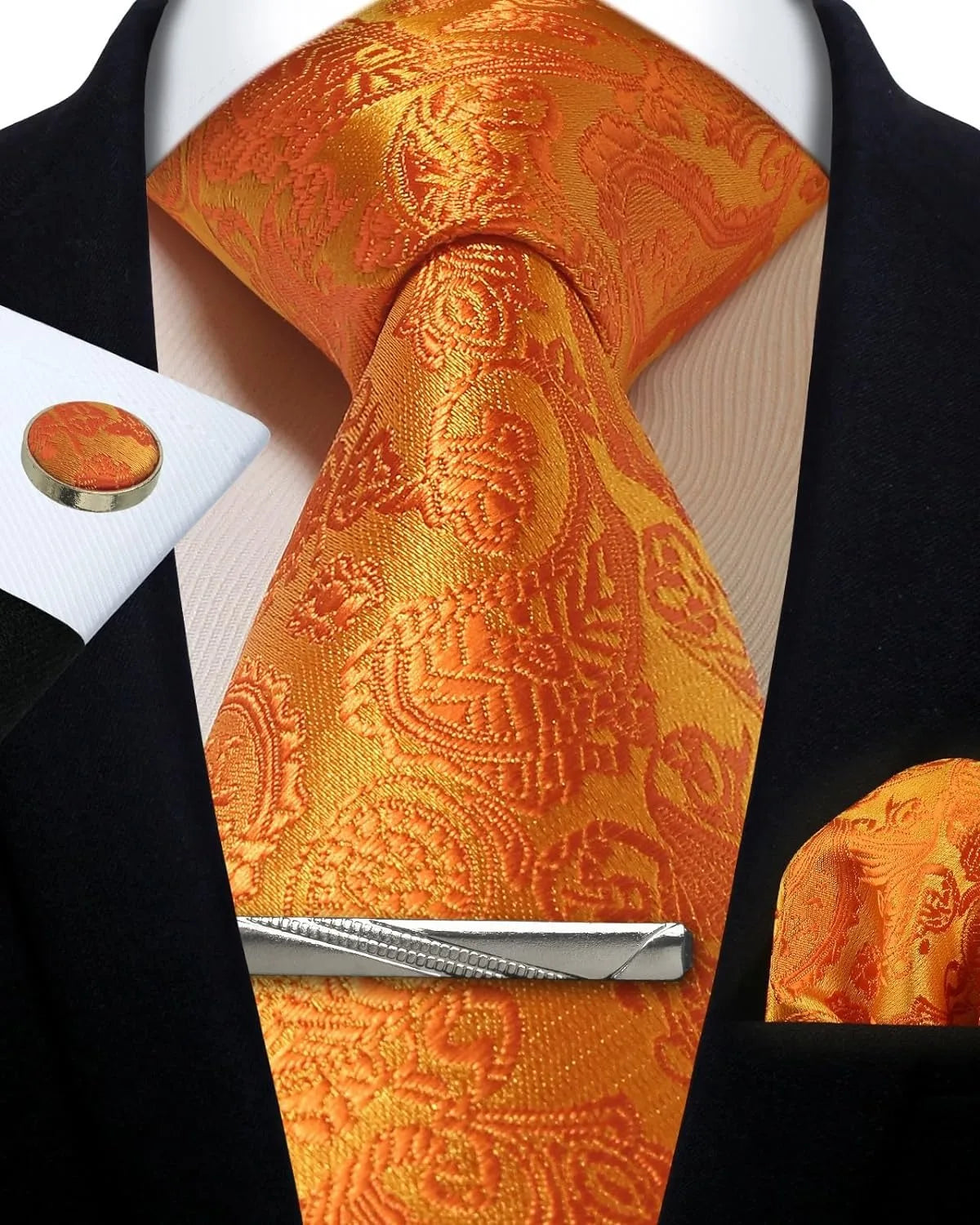Mens Tie Set Silk Silver Paisley Floral Necktie and Pocket Square Cufflinks Tie Clip Classic Formal Ties for Men Wedding Party