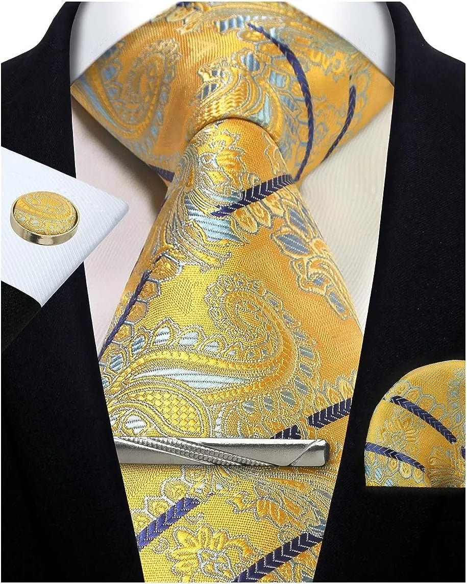 Mens Tie Set Silk Silver Paisley Floral Necktie and Pocket Square Cufflinks Tie Clip Classic Formal Ties for Men Wedding Party