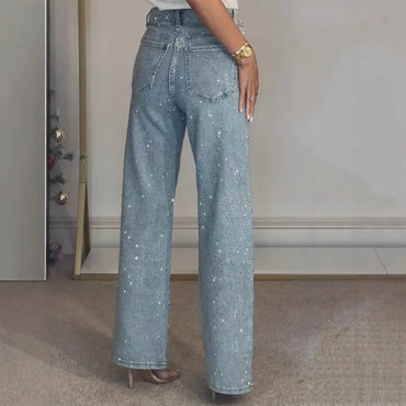 Straight Jeans for Women Diamonds Pants Stretch High Waist Washed Distressed Pockets Vintage Denims Streetwear Female Trousers