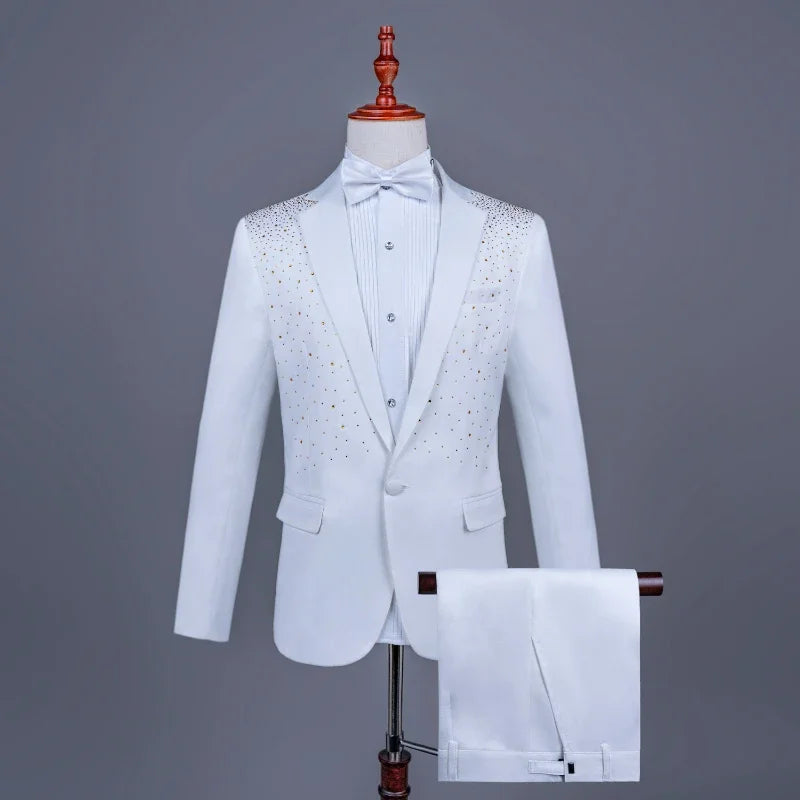 2025 New Black and White Hot Diamond Suits for Men 2-piece,Male Group Chorus/Singer Host/Anchor Dress Performance MC Blazer+Pant