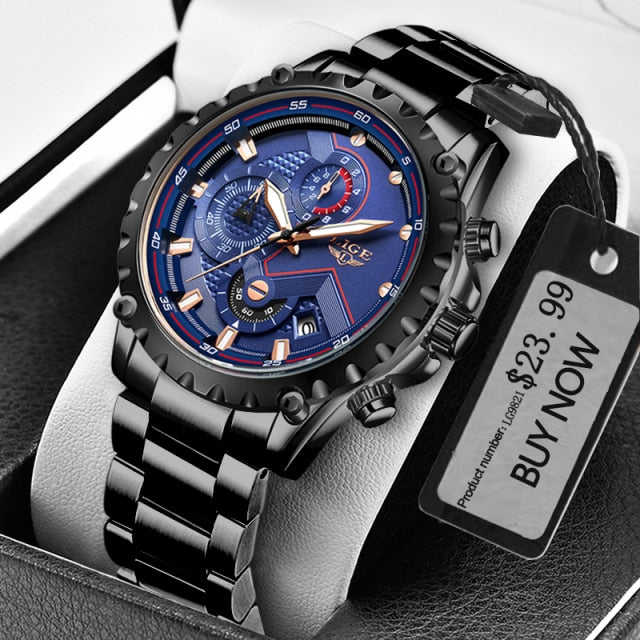 LIGE Fashion Mens Watches Top Luxury Brand Silver Stainless Steel 30m Waterproof Quartz