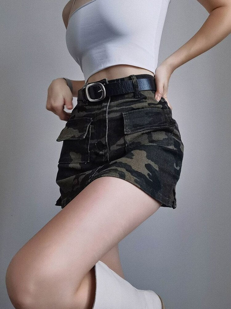 Zoki Sexy Women Streetwear Camouflage Cargo Skirt High Waist American Retro Mini Skirts Harajuku Female Pockets A Line Skirt New