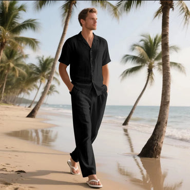 Men's Summer Beach Casual Cotton Linen Shirt Two-Piece Set with Lapel Pocket Long Pants And Shor Fashionable Breathable Clothing