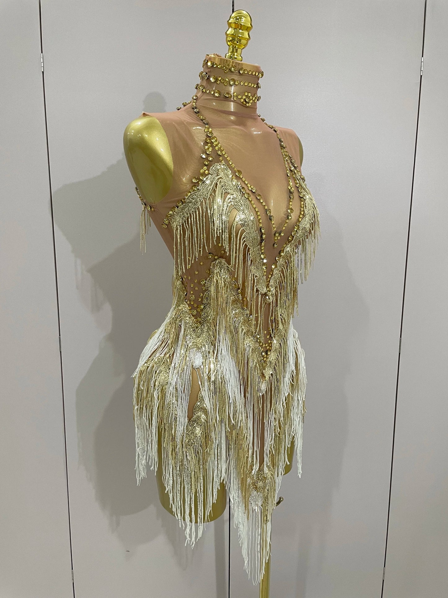 Stock 2025 Women Sexy Stretch Mesh Sparkly Rhinestone Tassels Mini Dress Nightclub Singer Dance Stage Costume Evening Gowns