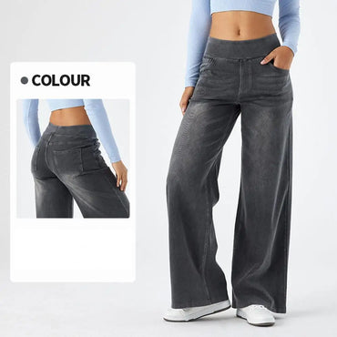 Women Jeans With Pockets Elastic High Waist Solid Color Full Length Pants Straight Wide Leg Trousers Sweatpant Daily Commuting