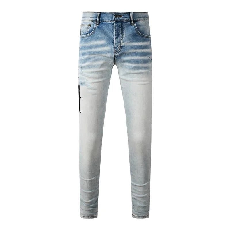 Fashion Top Quality Streetwear Distressed Men's Jeans Vintage Low Rise Stretch Skinny Button Fly Ripped Hold Pants