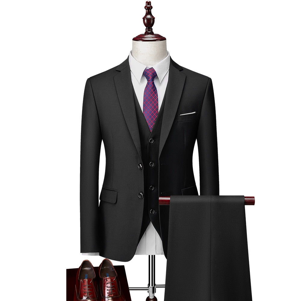 Luxury 3 Piece Men's Wedding Suit Fashion Men's Slim Solid Color Business Office Suit Sets Large Size Men Blazer+ Pants + Vest