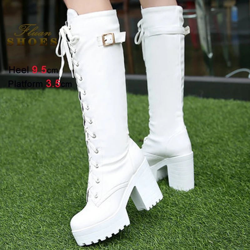 2025 Sexy White Women Knight Boots Coarse Heels Round Toe Knee High Boots Lace Up Multi-belt Buckle High Heeled Boots Size 35-43
