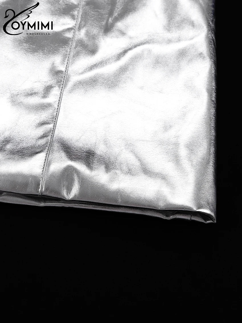 Oymimi Sexy Slim Sliver Pu Leather Dress Ladies Bodycon O-Neck Sleeveless Dress Elegant Classicc Party Dresses For Women 2023