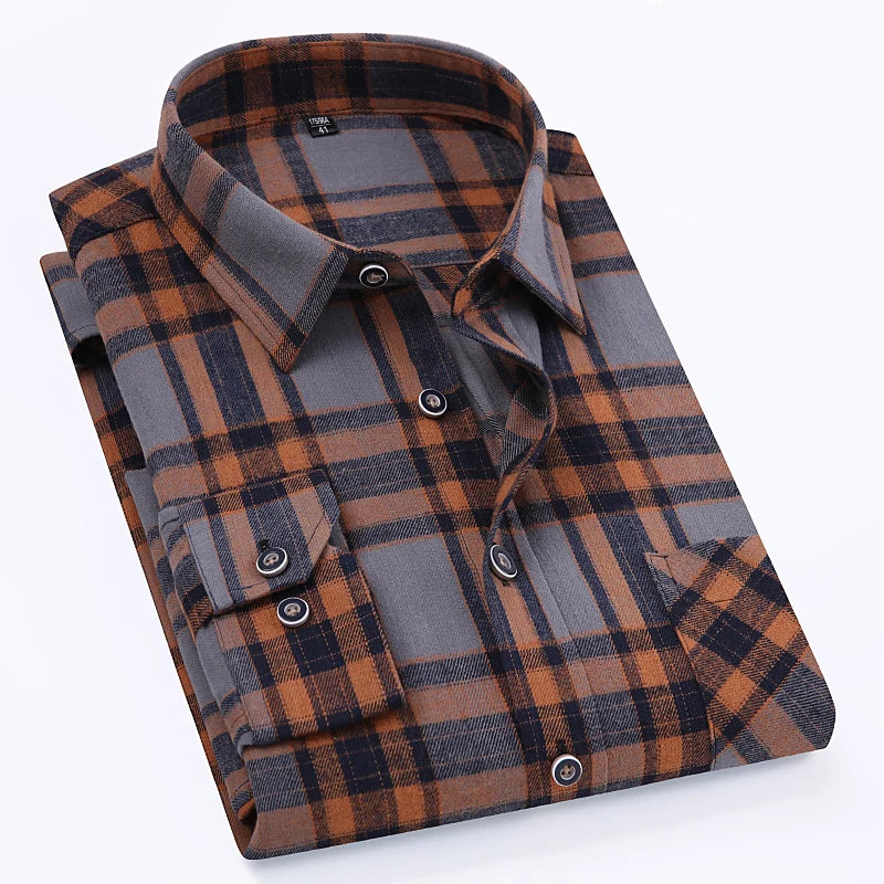 S-11XL Plaid Flannel Shirts For Men's Long Sleeve Cotton Fashion Design Young Casual Standard-Fit Thick Man Shirt Blouse Clothes