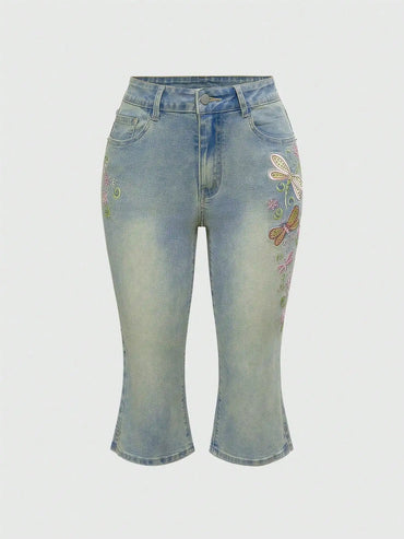 Y2K Fairycore Dragonfly Embroidery Capri Jeans, Low Waist, Summer Retro Style