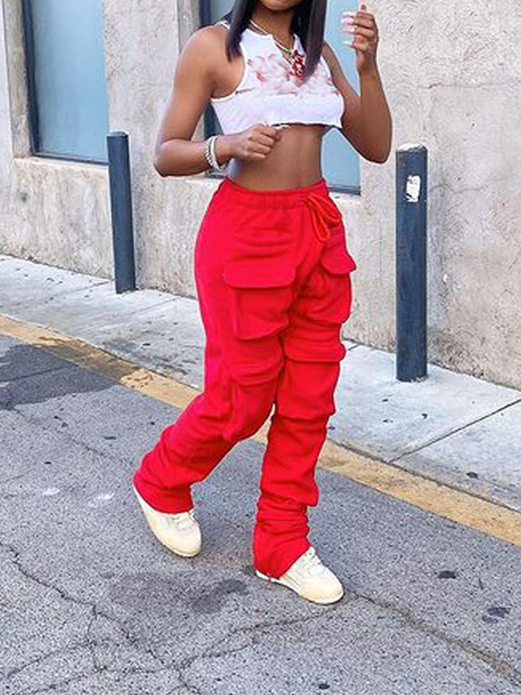 Sexy Women's Red Stacked Sweatpants High Waist Tracksuits Y2K Harajuku Joggers