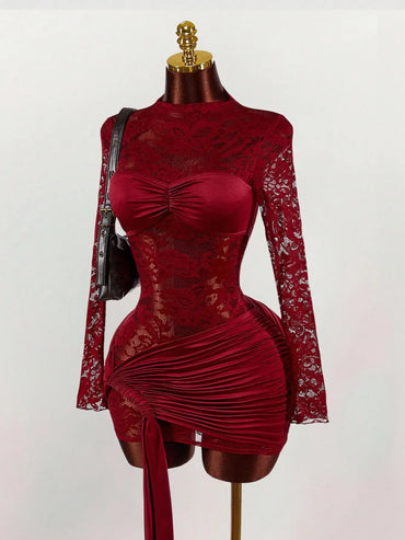 Red Lace Bodycon Mini Dress with Long Sleeves, Ruched Bust & Drawstring Hem for Party Night Club