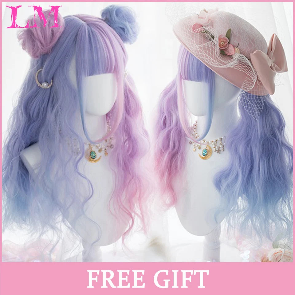 LM Synthetic Black Wig with Long Ponytail Short Straight Wig Lolita Cosplay Party Harajuku Blonde Wig With Bangs for Women