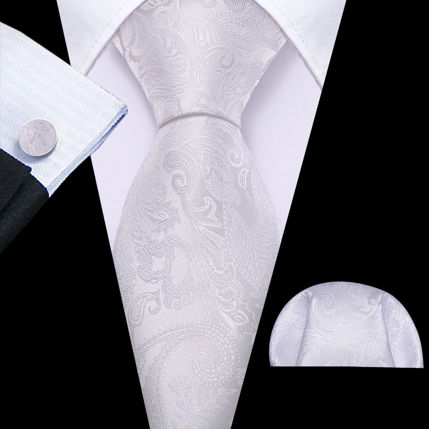Barry.Wang Black White Gray Silver Men Tie Handkerchief Cufflinks Set Jacquard Necktie for Male Wedding Business Party Gift