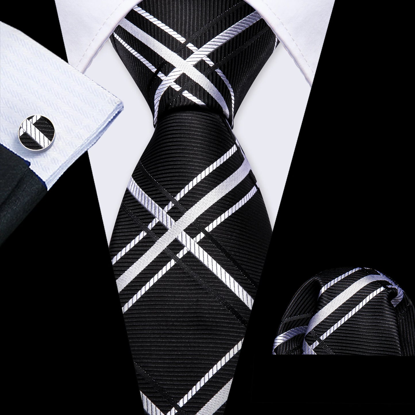 Barry.Wang Plaid Silk Men Tie Hanky Cufflinks Set Checked Jacquard Necktie for Male Formal Casual Wedding Business Party Events