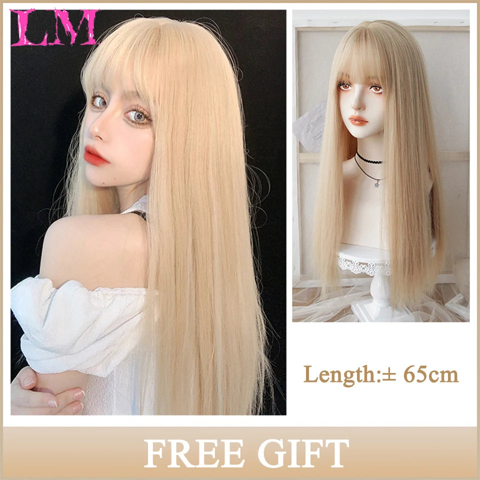 LM Synthetic Black Wig with Long Ponytail Short Straight Wig Lolita Cosplay Party Harajuku Blonde Wig With Bangs for Women