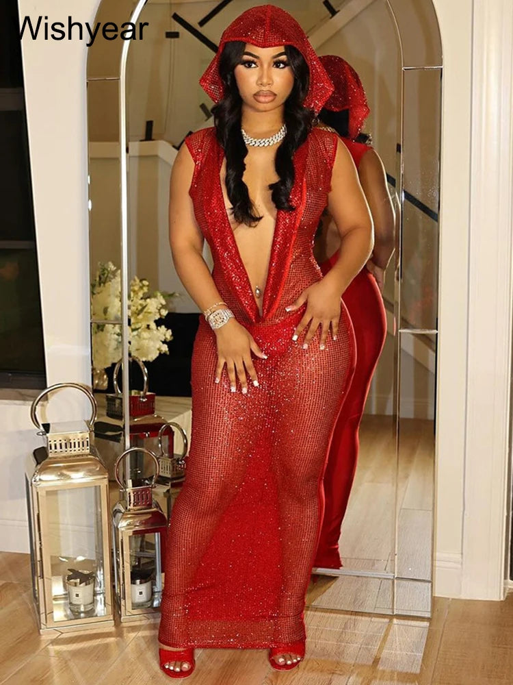 New Luxury Birthday Red Hooded Dress for Women Sexy Deep V Neck Sequin –  Mega Mart Center