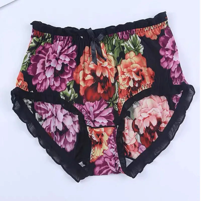 2023 New Cute Intimates Soft Smooth Girls Underwears Ruffle Bow Flower Print Plus Size Sexy Lingeries Women's Panties